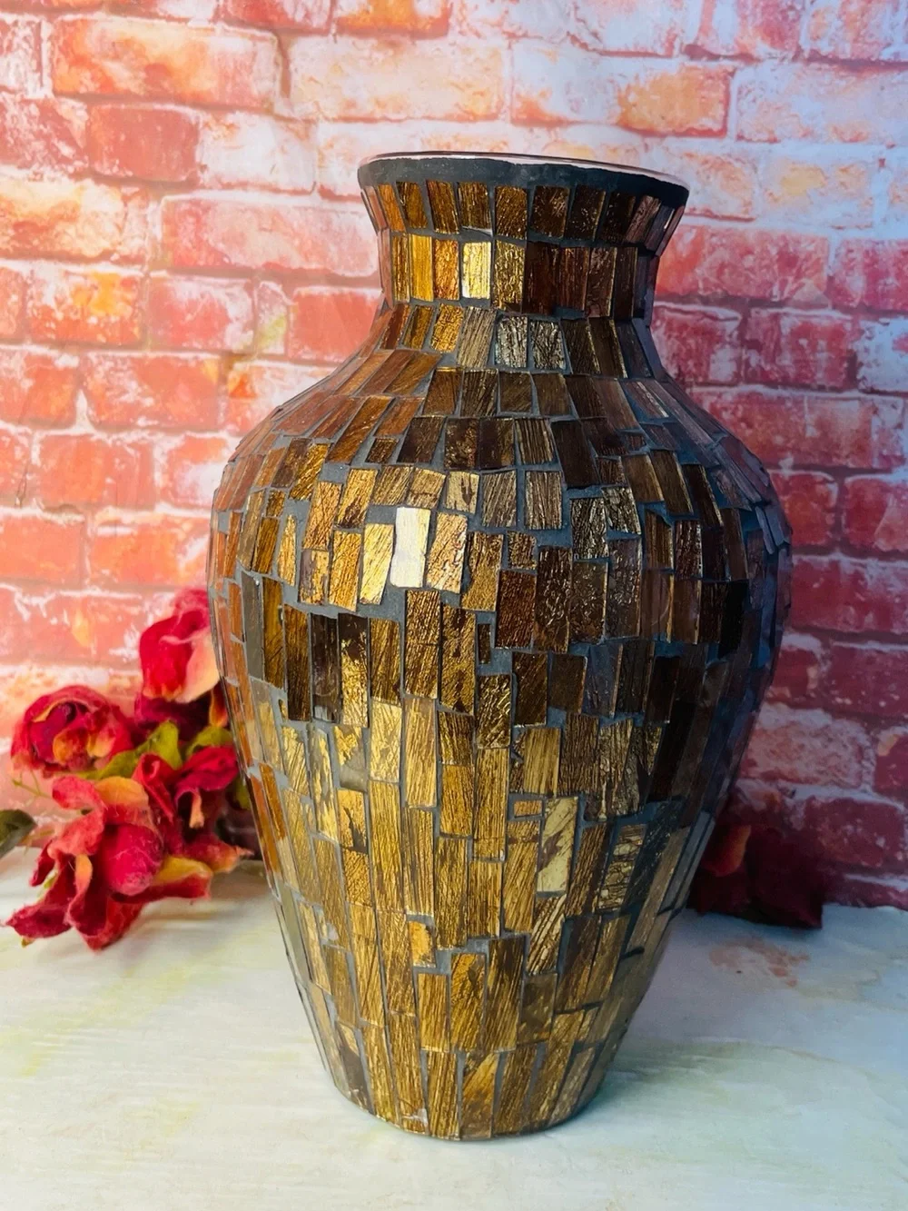 Vintage Three Hands Corp Large Gold Mosaic Statement Urn Vase